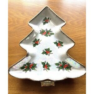 Vintage Ucagco Ceramics Lusterware Christmas Tree‎ Candy Dish Holly